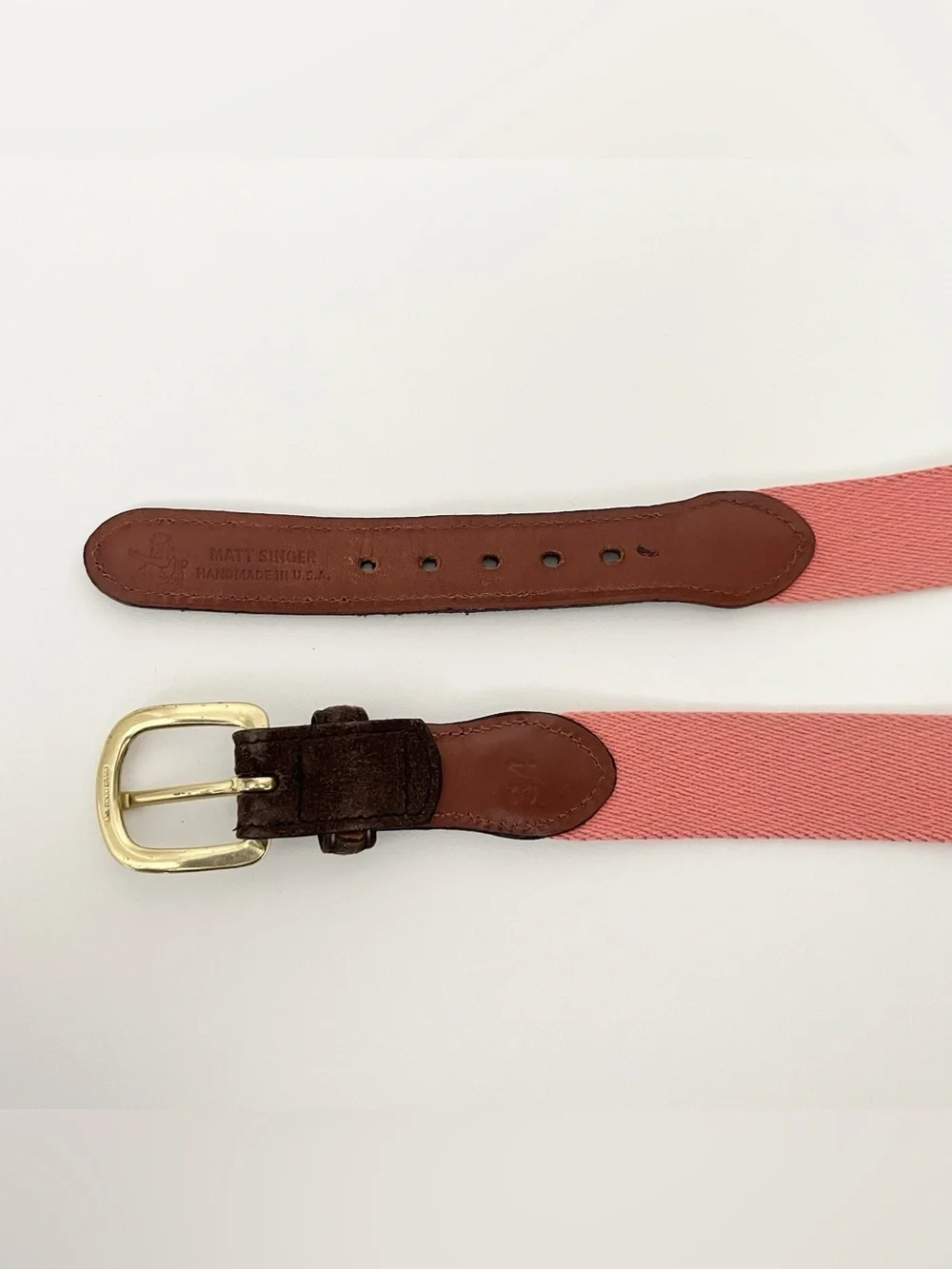 Matt Singer Men's Brown Suede Tip Belt Salmon Canvas Solid Brass Buckle Size 34